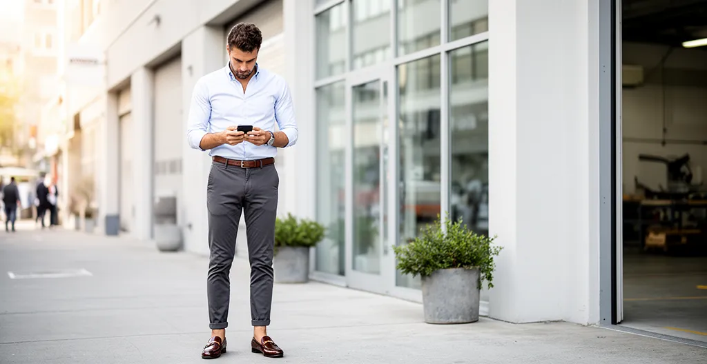 Entrepreneur consultant son smartphone devant un atelier professionnel