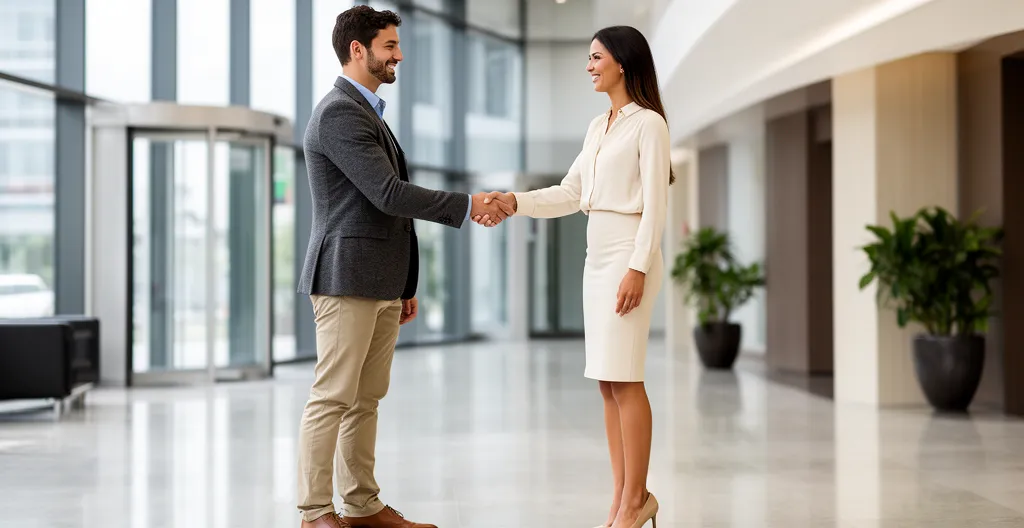 Deux professionnels se serrant la main dans un hall d'entreprise moderne