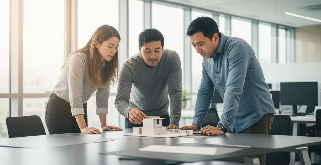 Trois personnes examinant un prototype lors d'une réunion de travail