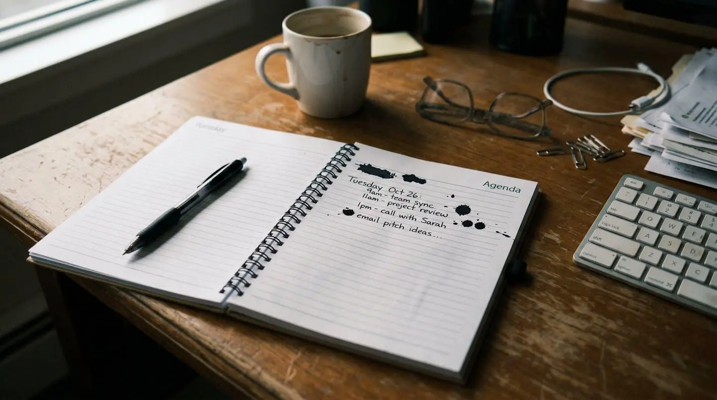 Agenda papier ouvert avec des annotations manuscrites au stylo, posé sur un bureau de travail avec quelques documents