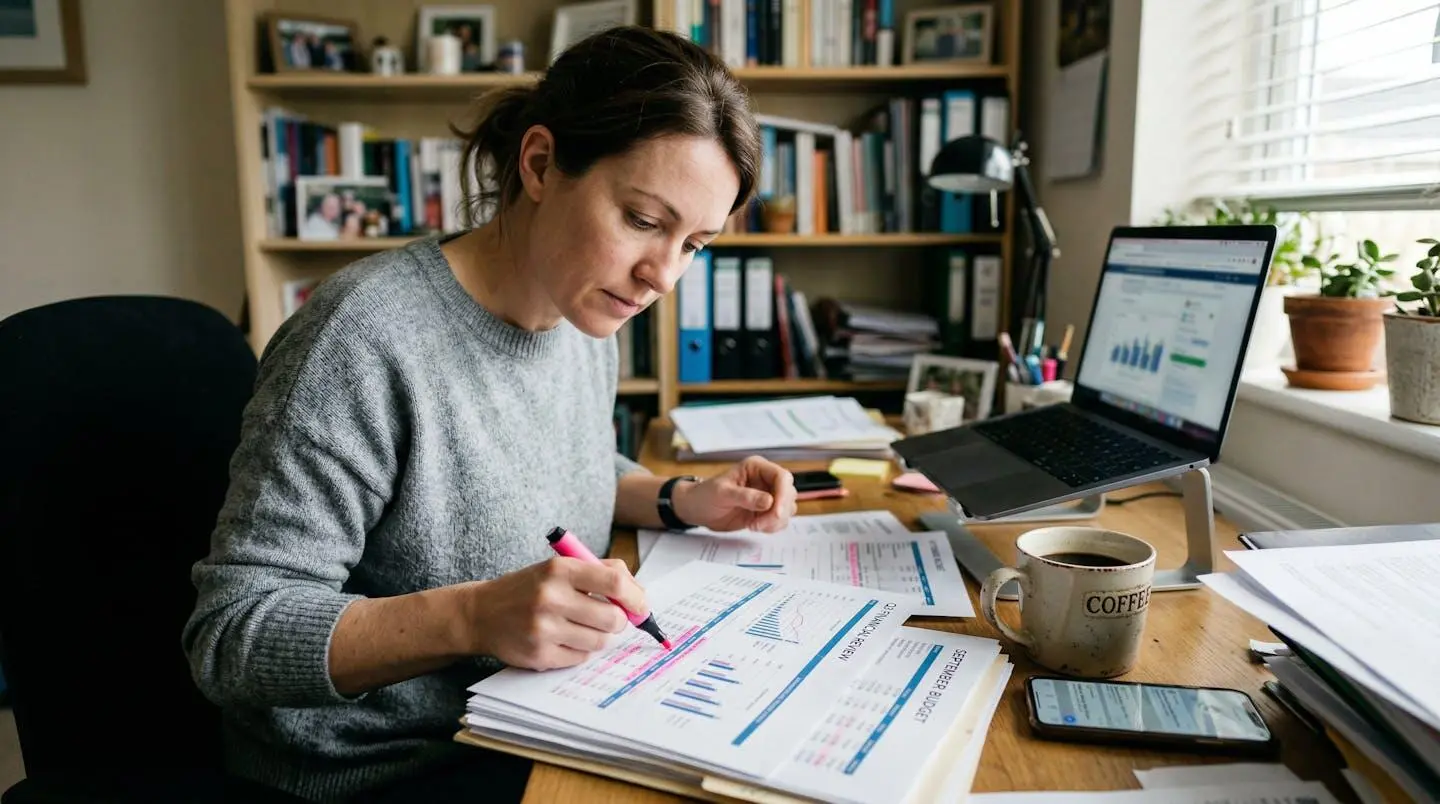 Une femme assise à un bureau examine des graphiques financiers imprimés, avec un surligneur à la main et une tasse de café à côté