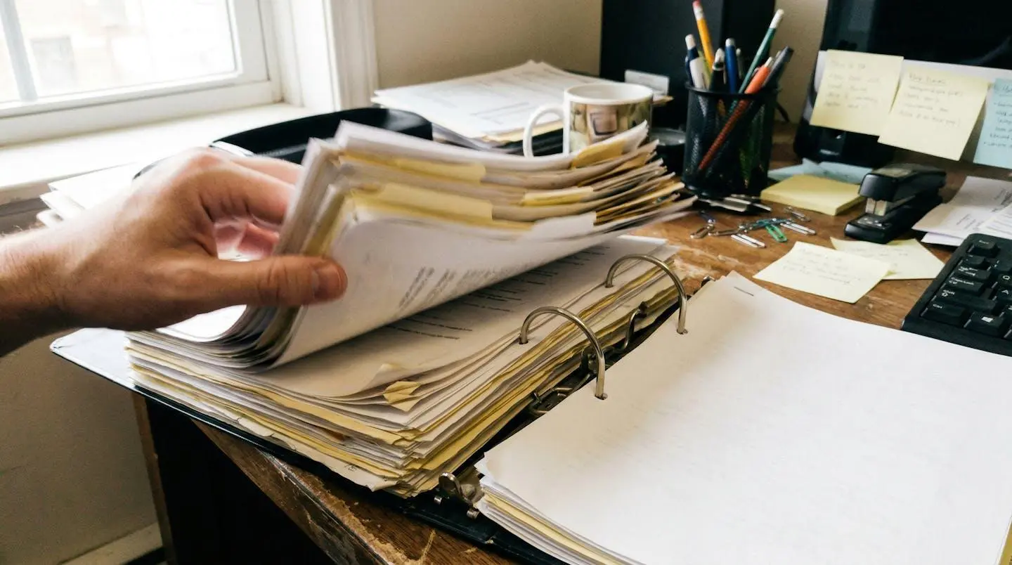 Mains d'une personne feuilletant un classeur épais rempli de documents sur un bureau encombré de papiers