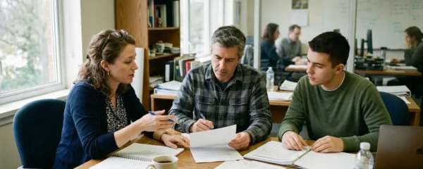 Trois personnes assises autour d'une table de réunion, penchées sur des documents papier, dans une salle d'entreprise éclairée par la lumière naturelle d'une fenêtre