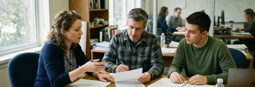 Trois personnes assises autour d'une table de réunion, penchées sur des documents papier, dans une salle d'entreprise éclairée par la lumière naturelle d'une fenêtre