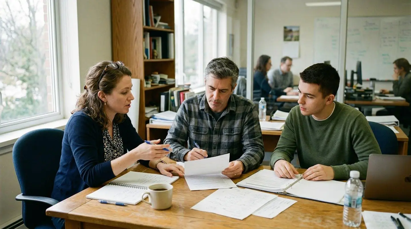 Trois personnes assises autour d'une table de réunion, penchées sur des documents papier, dans une salle d'entreprise éclairée par la lumière naturelle d'une fenêtre