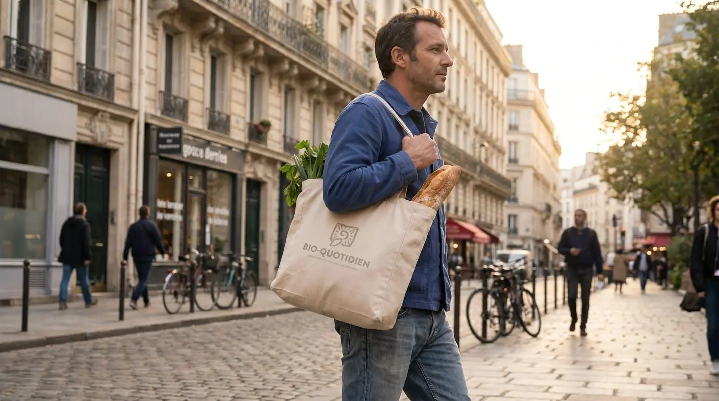 Salarié marchant en ville portant tote bag personnalisé rempli courses baguette légumes contexte urbain français