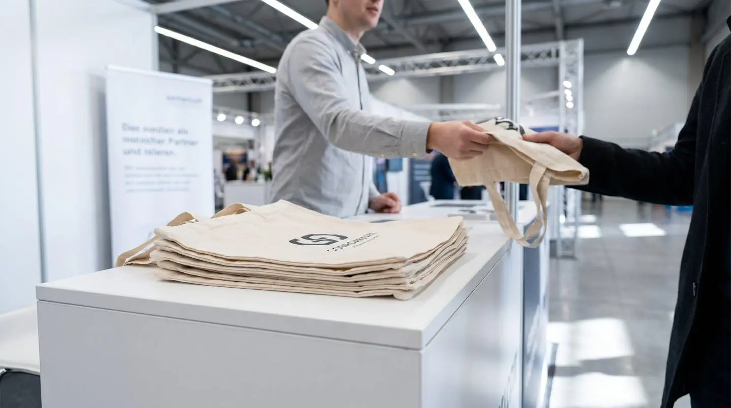 Stand salon professionnel avec pile tote bags personnalisés distribution visiteur contexte événementiel entreprise