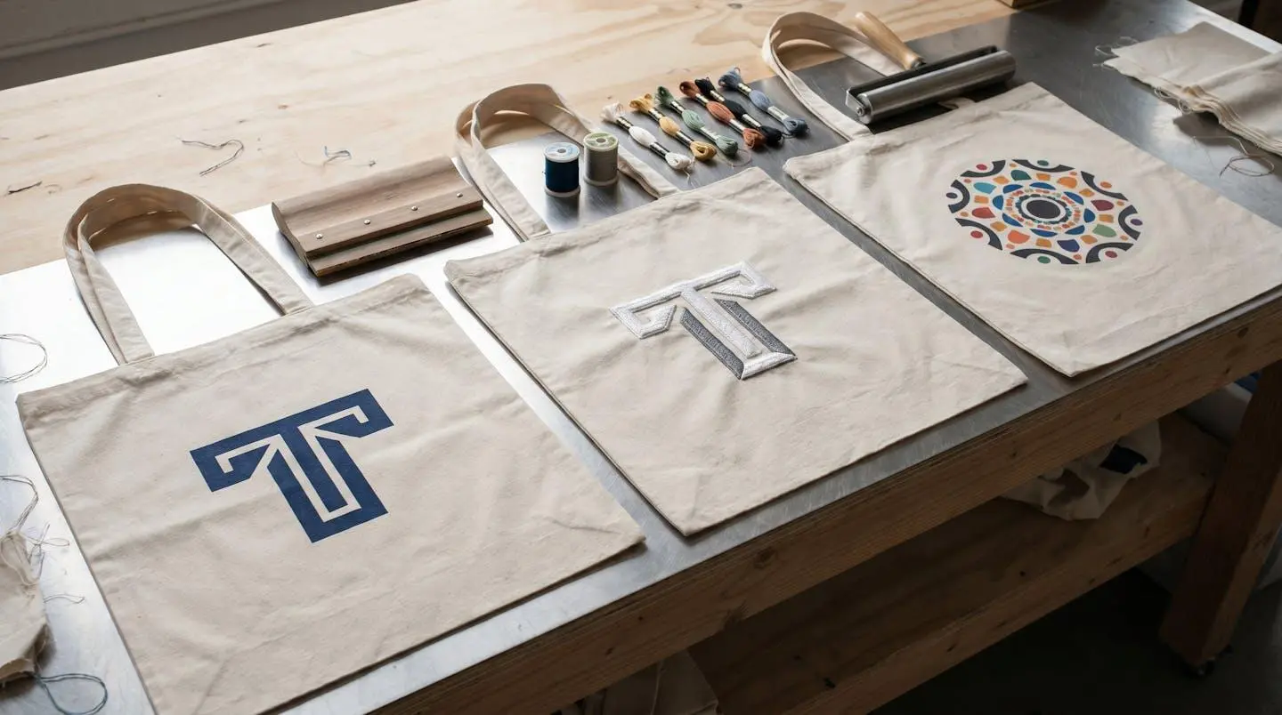 Trois tote bags sur table atelier montrant sérigraphie, broderie et transfert numérique avec outils personnalisation textile